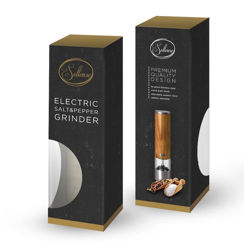 Elegant packaging with the title 'Package design for salt&pepper grinder'