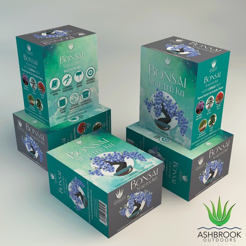 Retail box packaging with the title 'Bonsai Starter Kit Packaging Design Contest.'