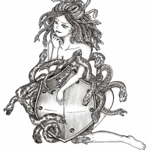 Snake illustration with the title 'Illustrate a elegant shield with snakes peering out from behind it for me'