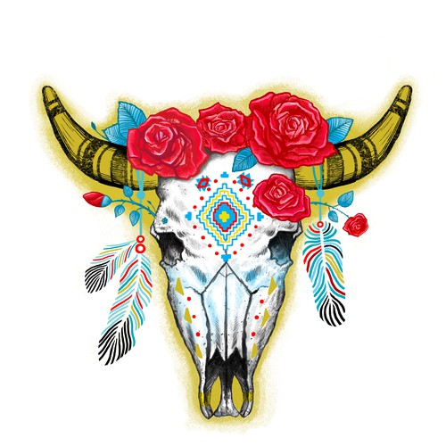 Rose design with the title 'Boho cow scull'