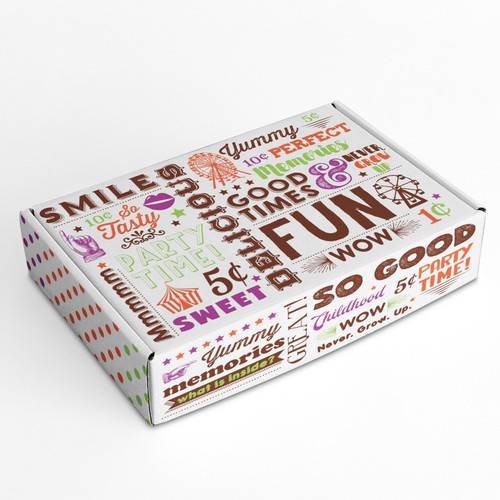 Fun packaging with the title 'Shipping Box for vintage candy shop'