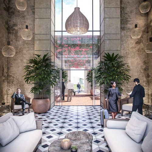 Rendering design with the title 'Interior render for a Hotel Lobby'