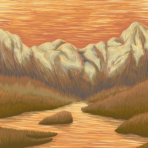 Mountain artwork with the title 'Vintage Landscape Illustration'