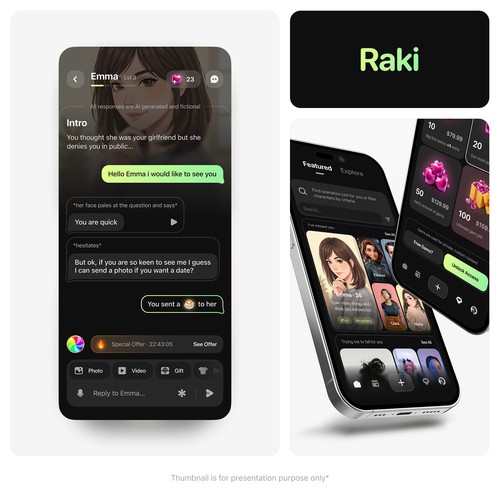 UI design with the title 'Raki - AI Characters'