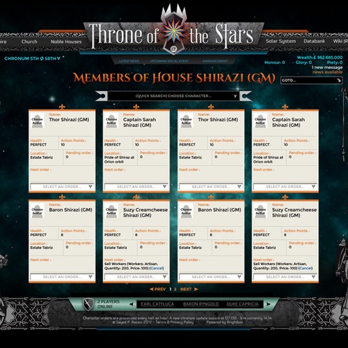 Futuristic website with the title 'Throne of the Stars web game'