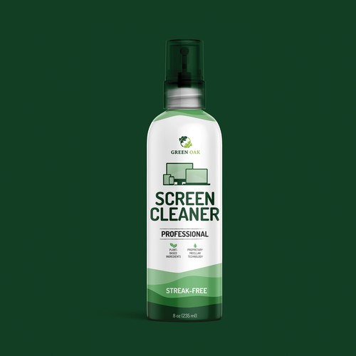 Packaging label with the title 'Eco packaging for screen cleaner.'