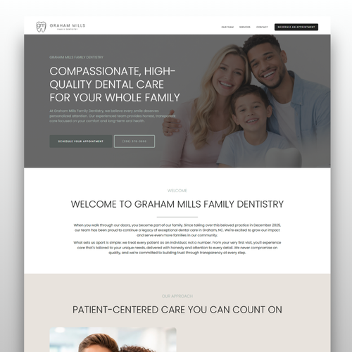 Healthcare design with the title 'Graham Mills Family Dentistry — Branding & Custom Website Design'