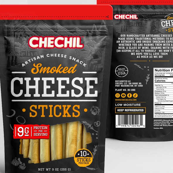Best packaging with the title 'Chechil Smoked Cheese Snack Pouch Design for New Product Line'