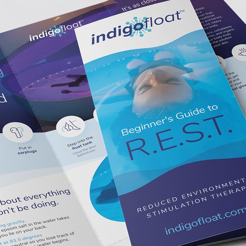 Purple and blue design with the title 'Creative Tri-Fold Brochure for IndigoFloat'