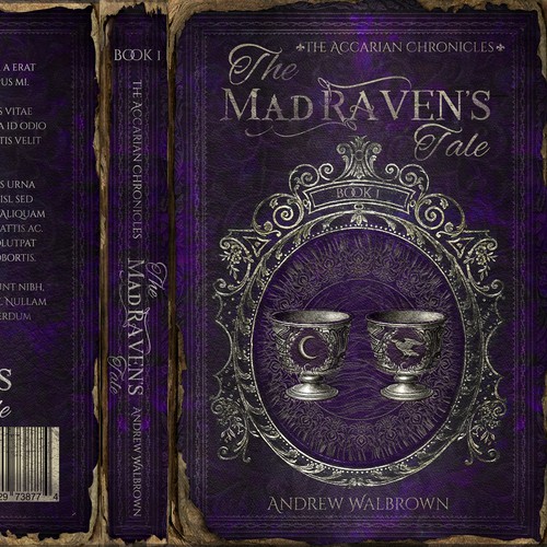 Ancient book cover with the title 'Winning design for "The Mad Raven's Tale" . First book in the series !!'
