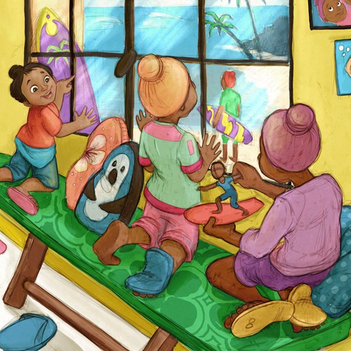 Picture book artwork with the title 'At the window'