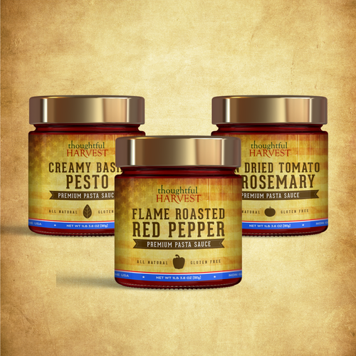 Sauce label with the title 'Thoughtful Harvest Pasta Sauce Label Design'