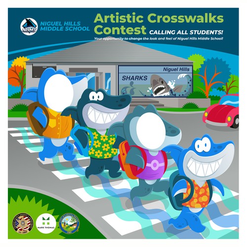 Shark illustration with the title 'Artistic Crosswalks Contest Cartoon Illustration'