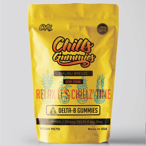Yellow packaging with the title 'chills gummies packaging design'
