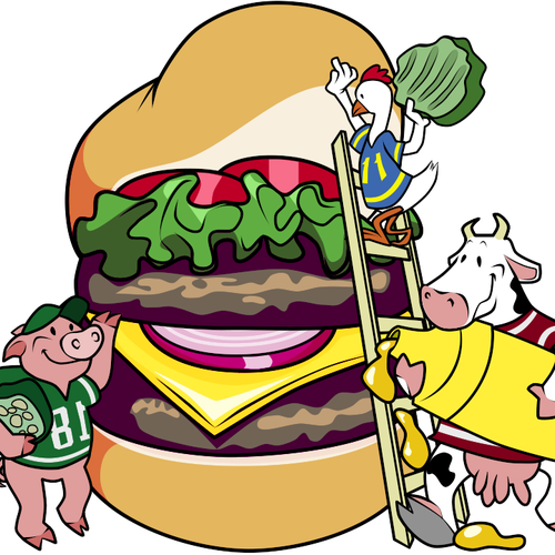 Cartoon character illustration with the title 'Cartoon Illustration - Farm Animals Building a Hamburger'