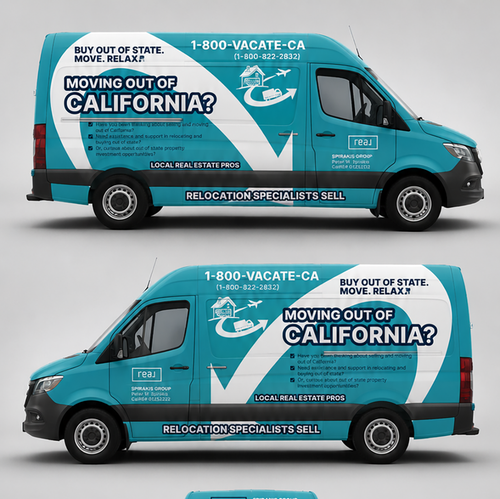 Car graphics design with the title 'Stellar Vehicle Wrap Design for Real Estate Pro Specializing in Home Sales and Relocation Services'