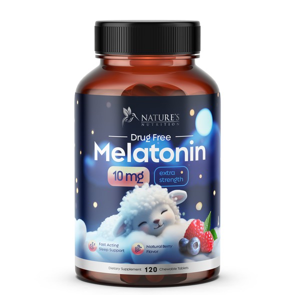 Cute label with the title 'Melatonin. Sleep support dietary supplement.'