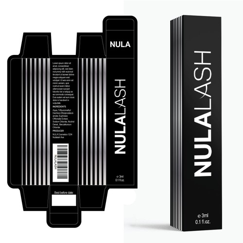 Silver foil packaging with the title 'NULALASH Eyelash Serum Packaging'