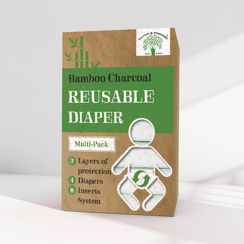 Diaper design with the title 'Create Eco-Friendly Packaging for reusable diapers'