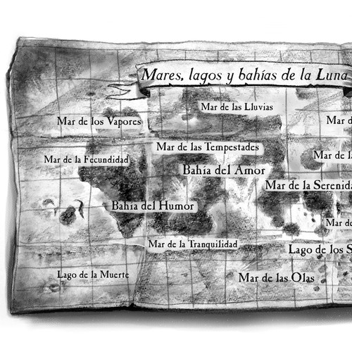Map illustration with the title 'a sketched map of the moon'