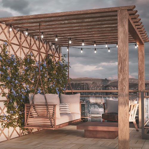 Lounge design with the title '3d Rendering of a rooftop cafe'