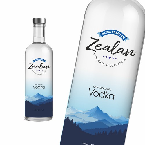 Vodka label with the title 'Design the bottle label for the World's Third Best Vodka! ZEALAN'
