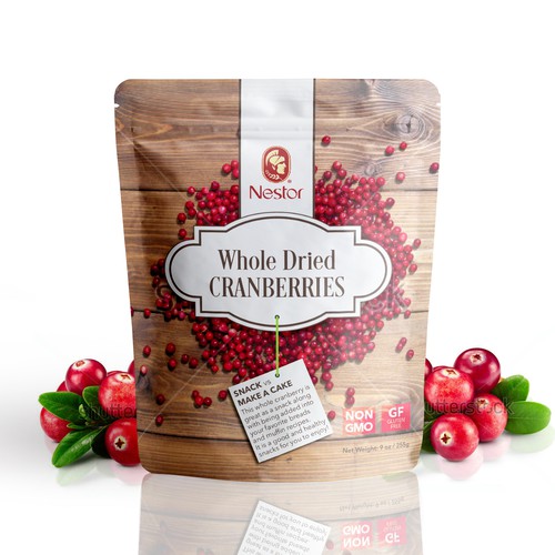 Snack packaging with the title 'Nestor, Dried Cranberries'