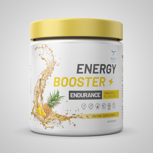 Minimal packaging with the title 'The Energy Booster Product Label Design'