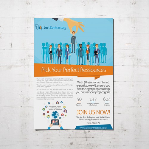 Project design with the title 'Flyer Design for the "Just Contractors" Project.'
