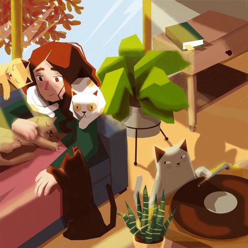 Plant illustration with the title 'cats and comfort'