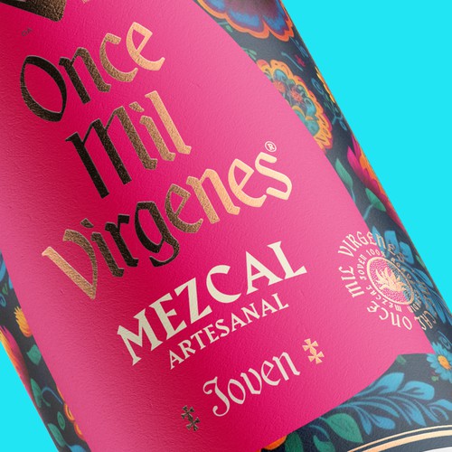 Gin label with the title 'Once mil virgenes Mezcal'