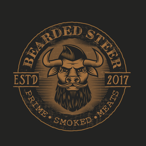 Meat logo with the title 'From the brief: we would like to see some play on an actual steer/cow in the logo, maybe a hipster anthropomorphic cartoon steer with a beard'
