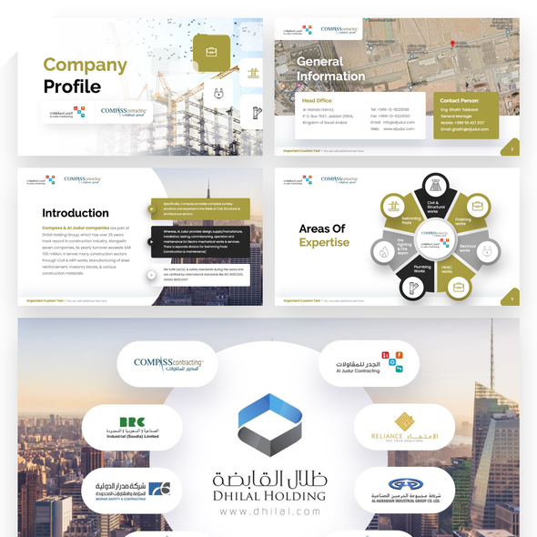 Company profile design with the title 'Powerpoint Presentation in Arabic About Company Profile'