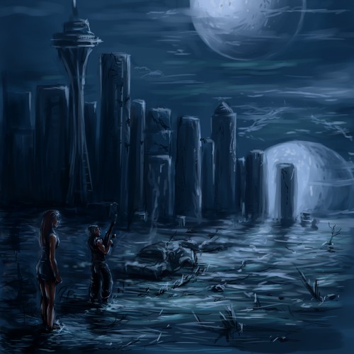 Futuristic artwork with the title 'Post-Apocalyptic Digital Painting'