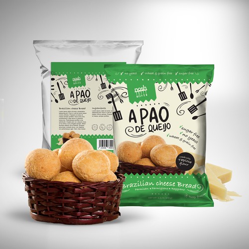 Food packaging with the title 'Brazilian cheese bread'