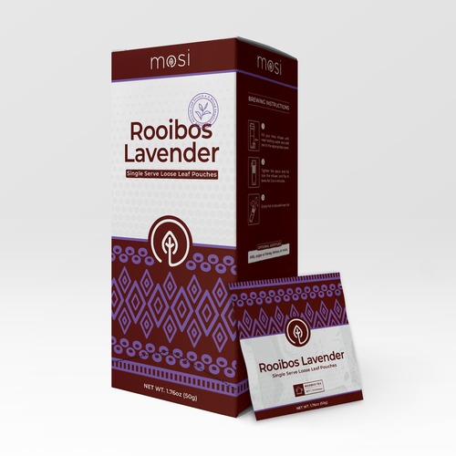 Lavender packaging with the title 'Packaging Design for Mosi Tea - Rooibos Lavender'