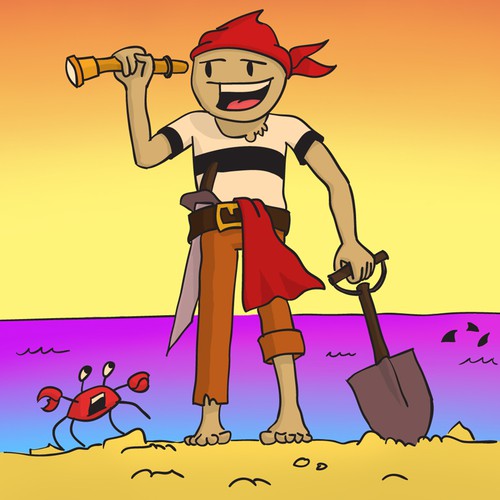 Pirate illustration with the title 'on the beach'