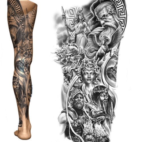 Greek design with the title 'Greek Mythology concept for a Leg sleeve'