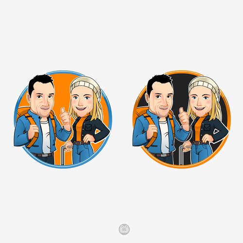 Backpack design with the title 'Fun and modern logo with a mascot for travel couple.'