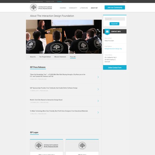 Organization design with the title 'Press Kit Page Design for Interaction Design Foundation'