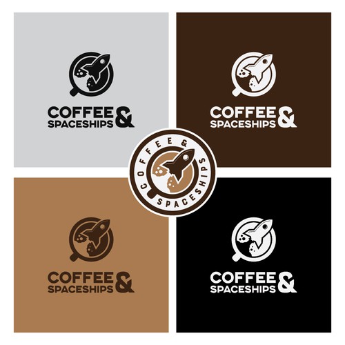 Spaceship logo with the title 'Clever Coffee shop logo'