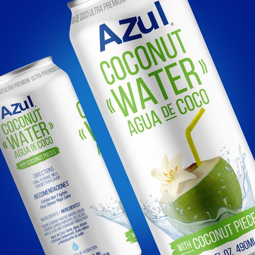 Water packaging with the title 'Packaging Design for Azul Coconut Water'