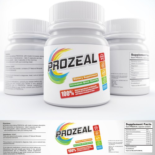 Eye-catching label with the title 'Vibrant yet simple label for world's most advanced and innovative Calcium supplement.'