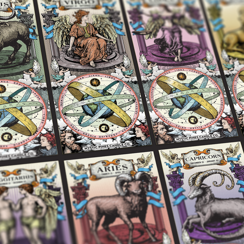 Vintage packaging with the title 'Mystic Pines Zodiac Candles'