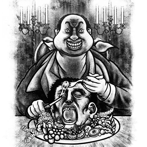 Comic book artwork with the title 'Nothing Is More Chilling Than An Obese Cannibal'