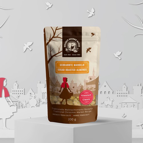 Packaging with the title 'Logo, package and illustrations for sugar roasted nuts company'