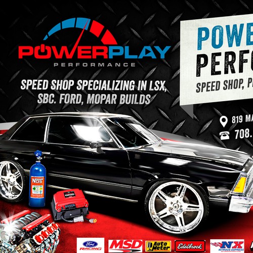 Car design with the title 'POWER PLAY PERFORMANCE FLYER'