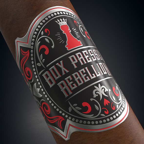 3D rendering design with the title 'Box Pressed Rebellion Cigar Band Design'