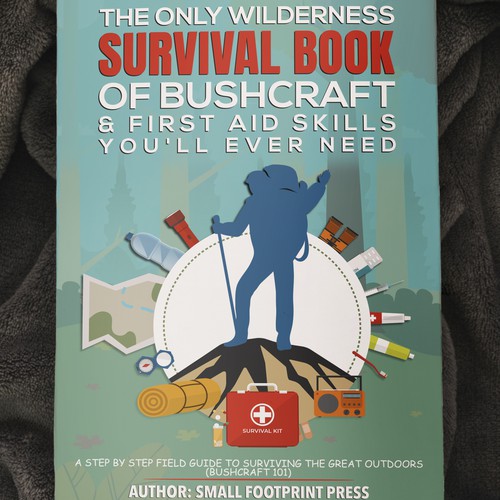Survival design with the title 'Survival And First Aid Skills Book'