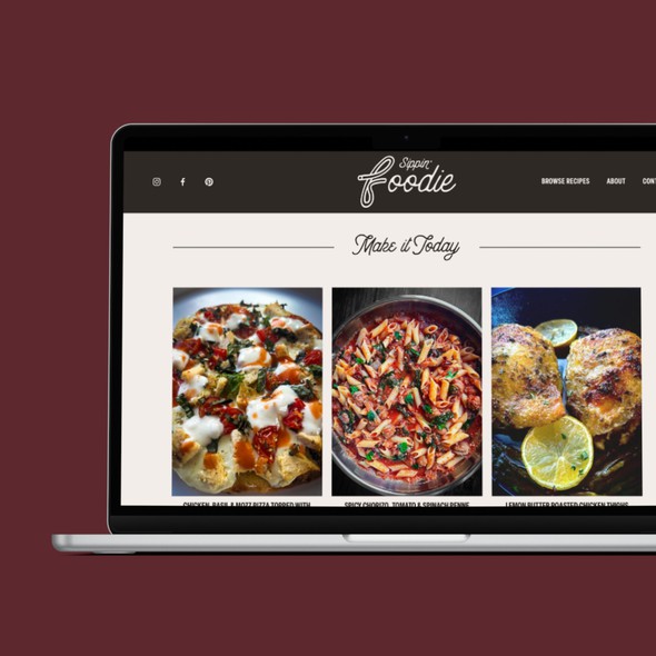 CSS design with the title 'Brand Development + Startup Website for New Food Blogger, Sippin' Foodie'